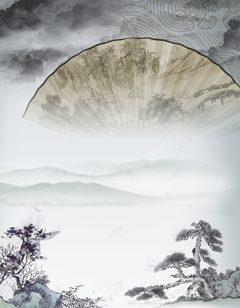 水墨中国风端午节H5分层背景jpg设计背景_新图网 https://ixintu.com 水墨 扇子 中国风 端午节 树木 H5 山 分层背景