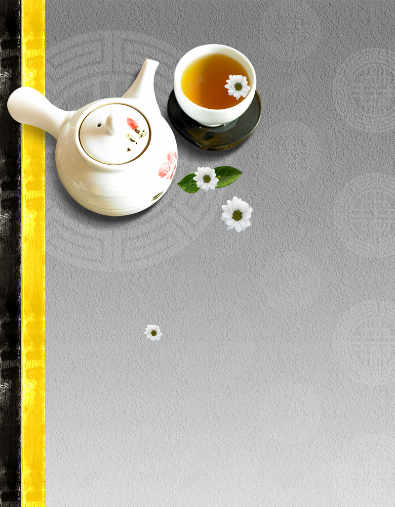 古典花纹和茶具H5背景素材psd设计背景_新图网 https://ixintu.com 茶具宣传 古典花纹 菊花 茶具 质感底纹 手机端APP H5背景