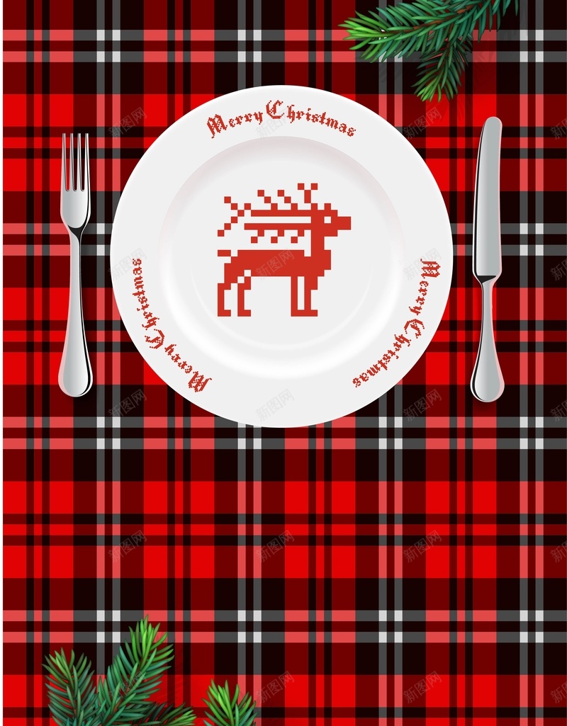 矢量圣诞促销美食餐饮背景素材jpg设计背景_新图网 https://ixintu.com 圣诞节 促销 欧式 矢量 美食 餐饮 西餐 餐盘 餐具 红格子 桌布 松枝 海报 背景