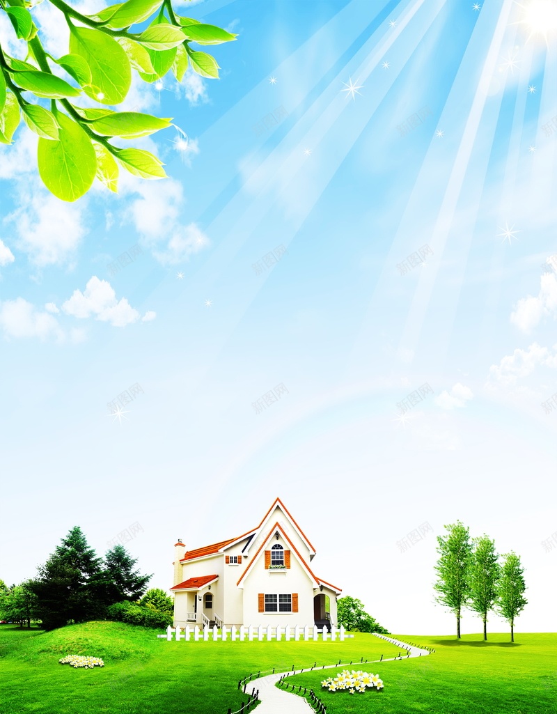 乡村别墅风光广告背景psd设计背景_新图网 https://ixintu.com 白菊花 绿草地 树木 树林 绿叶 乡村别墅风光 乡村小径 蓝天白云 度假别墅 风景 海报 平面 广告 背景 PSD 素材 模板