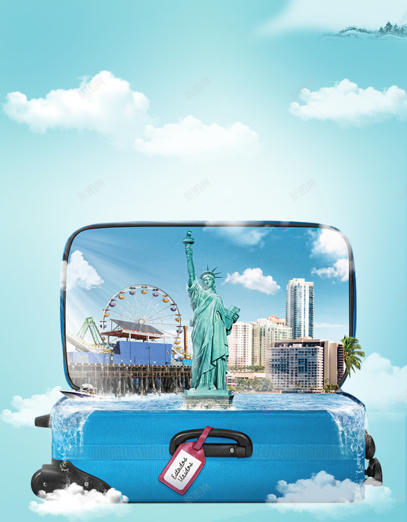 蓝色云朵旅行箱创意纽约旅游海报背景素材jpg设计背景_新图网 https://ixintu.com 蓝色天空 云朵 创意旅行箱 美国纽约 美国之旅 纽约旅游 畅游纽约 出国游 广告设计 海报背景 开心