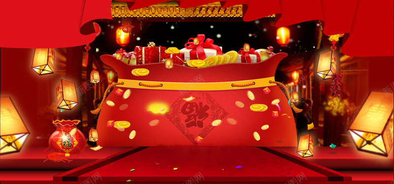 淘宝腊八年货节促销海报jpg设计背景_新图网 https://ixintu.com 天猫 中国风 淘宝 促销 年货 腊八年货节 腊八 年货节 钱袋 金币 红色 孔明灯 喜庆