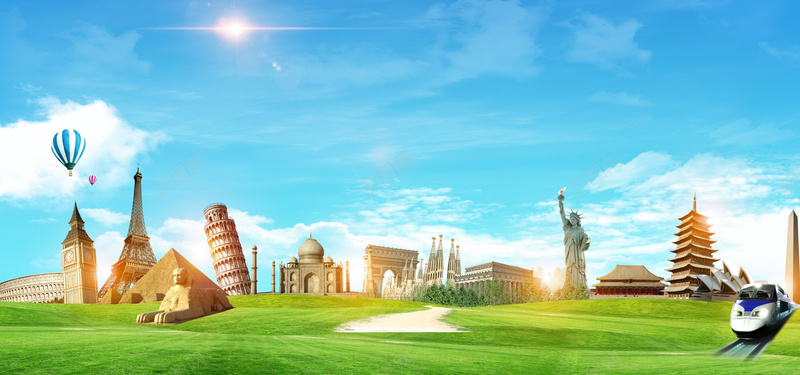 旅游海报背景psd设计背景_新图网 https://ixintu.com 海报banner 气球 白云 蓝天 蓝色 著名建筑建