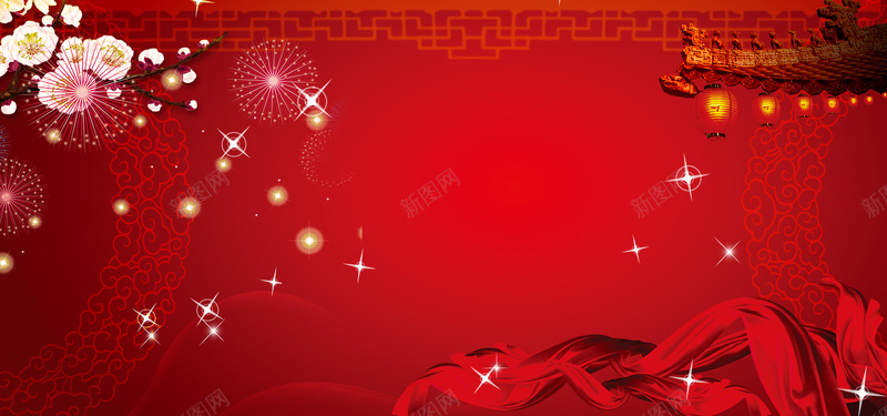 中国红喜庆节日背景jpg高清背景_新图网 https://ixintu.com 烟花 吉祥纹 梅花 海报banner 中国风