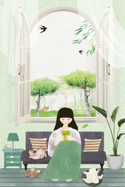 浅绿色手绘女孩房间春天背景背景