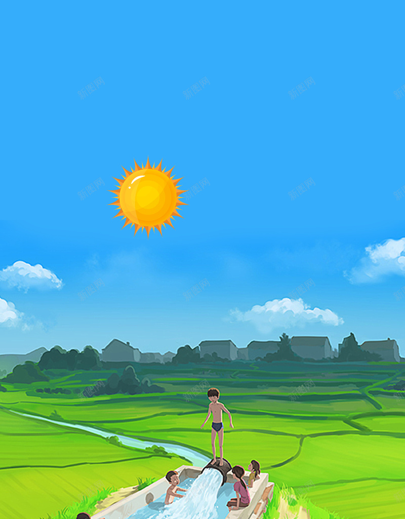蓝色手绘入伏海报psd设计背景_新图网 https://ixintu.com 入伏 户外 太阳 远山 旅游 三伏天 游泳 人物