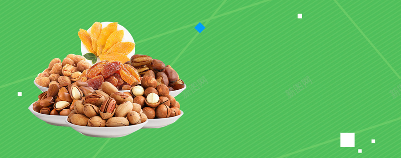 天猫店铺扁平化风格零食装修海报背景图jpg设计背景_新图网 https://ixintu.com 绿色背景 碧根果 坚果 年货 简约 零食 芒果干 海报背景图 零食banner 天猫装修banner