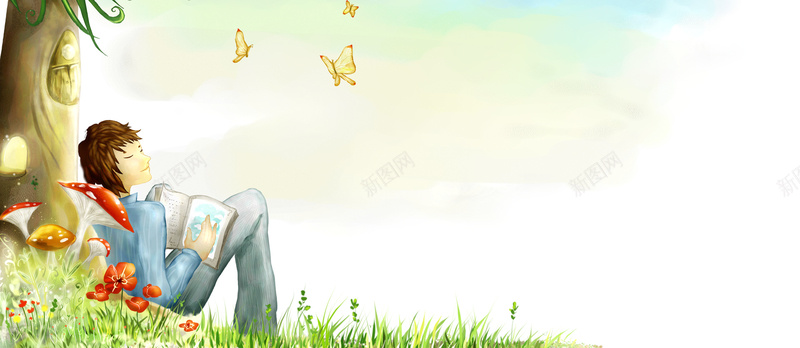 插画背景jpg设计背景_新图网 https://ixintu.com 男孩 蝴蝶 草地 清新 春天 海报banner 卡通 童趣 手绘