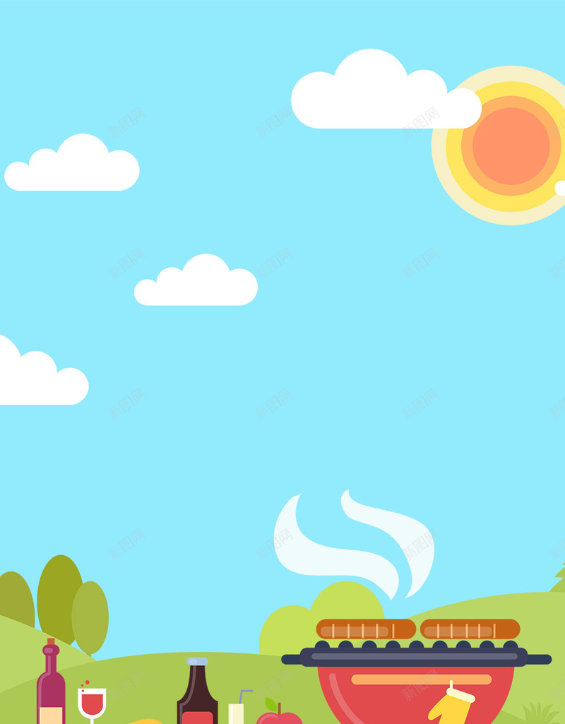 蓝色卡通周末去野炊PSD分层H5背景素材psd设计背景_新图网 https://ixintu.com 背景素材 卡通 蓝色 野炊 野餐 周末去野炊 PSD分层 H5 烧烤 太阳 云 草地 烤肠 烧烤架