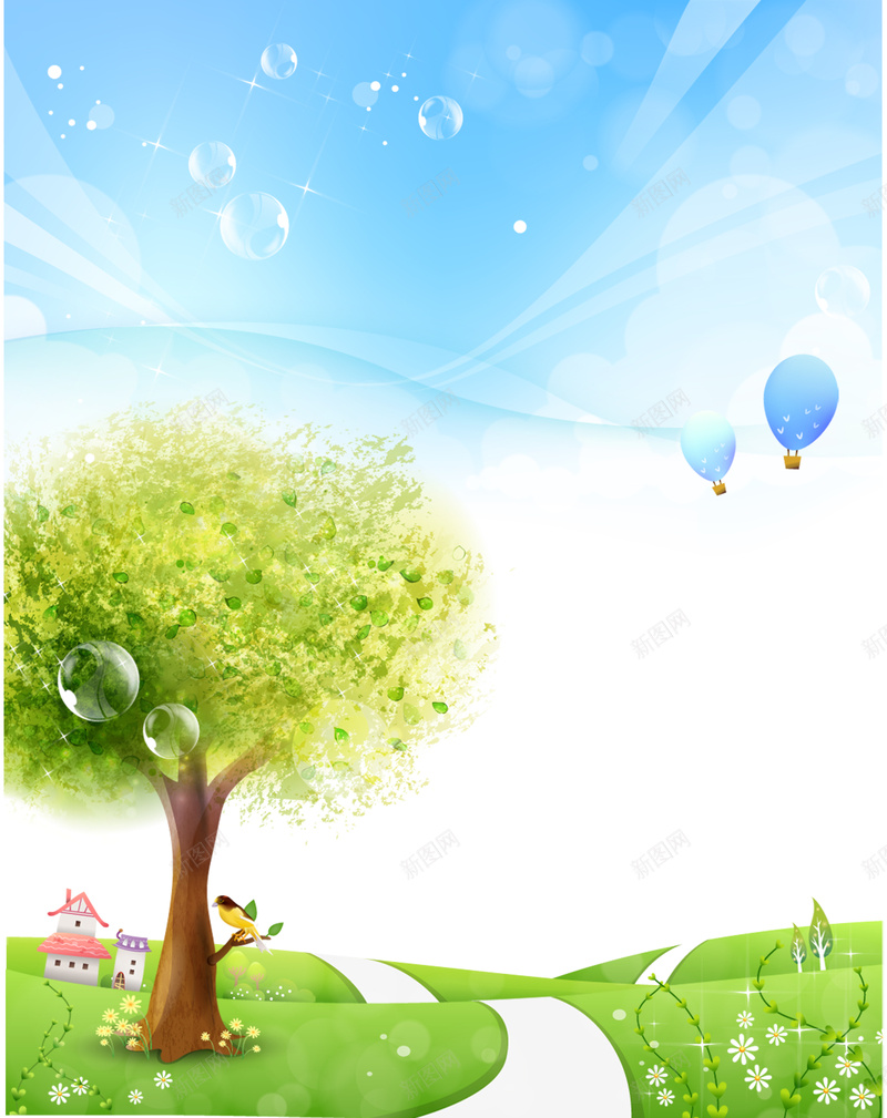 绿色清新手绘海报背景psd设计背景_新图网 https://ixintu.com 手绘 树木 清新 绿色 草地 气球 蓝天 卡通 童趣