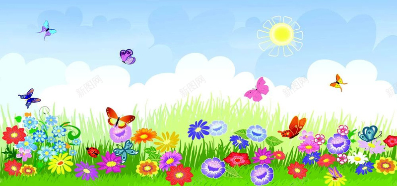 卡通画背景jpg设计背景_新图网 https://ixintu.com 卡通 天空 太阳 白云 蝴蝶 花草 草地 绿草 各色的花 向日葵 海报banner 童趣 手绘