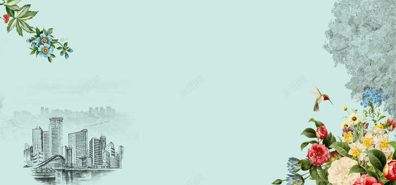 素描建筑背景图psd设计背景_新图网 https://ixintu.com 素描建筑 小清新 手绘 花朵 蓝色 海报banner 卡通 童趣