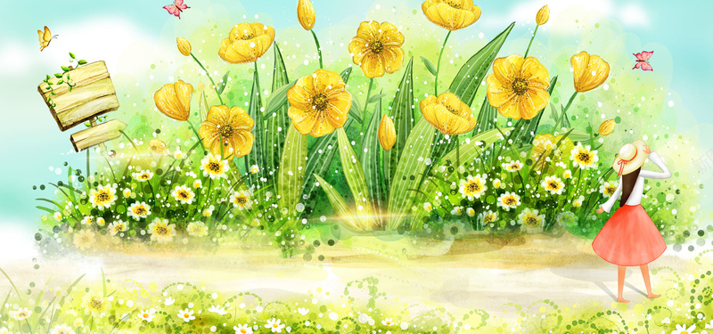 一起去春游彩色手绘bannerpsd设计背景_新图网 https://ixintu.com 彩色 手绘 春天 春季 春游 女孩 花丛 指示牌 蝴蝶 文艺 清新