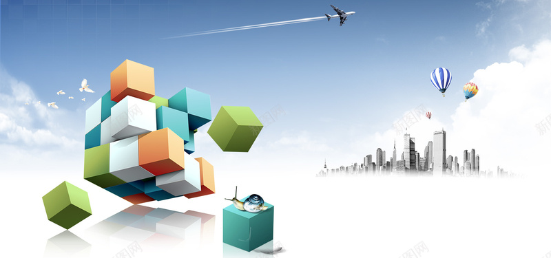 商务科技背景psd设计背景_新图网 https://ixintu.com 飞机 蜗牛 气球 海报banner 科技 积木块 科幻 商务