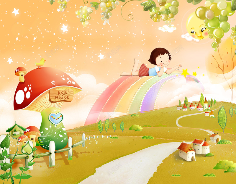 儿童欢乐园海报背景素材psd设计背景_新图网 https://ixintu.com 儿童节 儿童节素材 小女孩 葡萄 房子 儿童欢乐园 蘑菇 彩虹 云 葡萄藤 路 围栏 五角星 太阳