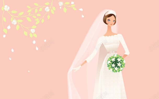 卡通穿着婚纱的新娘粉色背景素材背景
