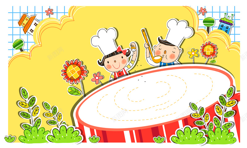 韩国插画之小伙伴一起动手做美味扁平化背景jpg设计背景_新图网 https://ixintu.com 韩国插画 小朋友 美味 卡通 矢量 扁平化 厨师 团结合作 喜欢 童趣 手绘