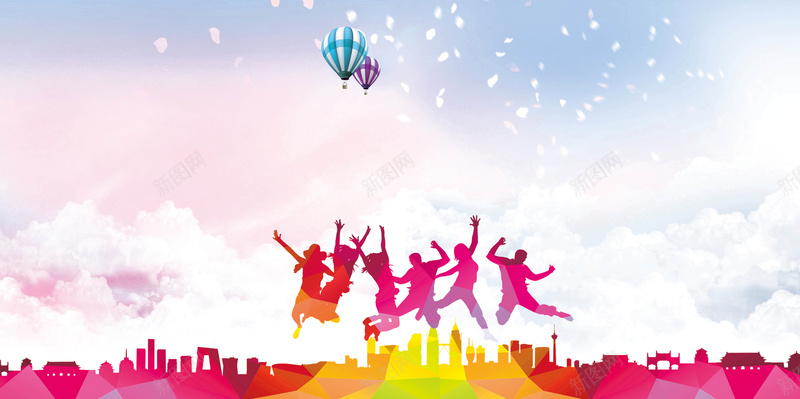 老同学再聚首海报展板jpg设计背景_新图网 https://ixintu.com 人物剪影 同学聚会 同学会 氢气球 彩色 重温同学梦 再叙校园情 几何城市建筑边