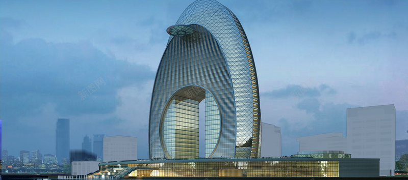 创意大楼psd设计背景_新图网 https://ixintu.com 海报banner 艺术建筑 蓝色背景 云层