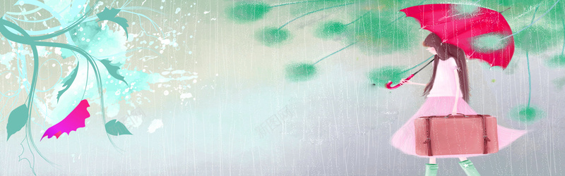 清新唯美手绘bannerjpg设计背景_新图网 https://ixintu.com 人物 清新 绿色 花卉 雨伞 海报banner 卡通 童趣 手绘