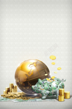 创意扁平地球金融商务金币储蓄罐背景素瓷背景