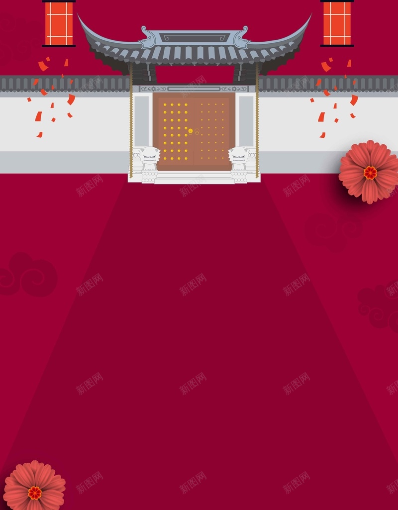 矢量中国风扁平化庙会年货新年背景jpg设计背景_新图网 https://ixintu.com 中国风 扁平化 年货 庙会 矢量 新年 春节 红色背景 简约背景