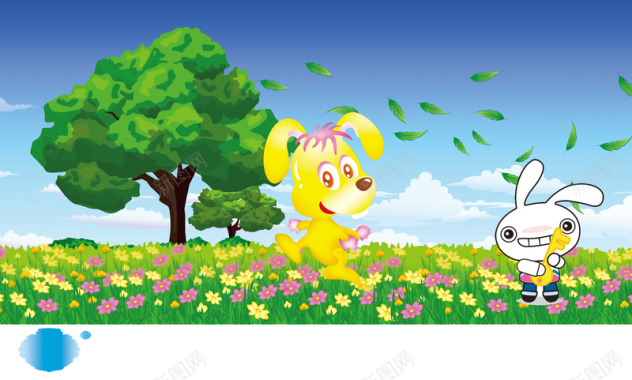 卡通小动物兔子鲜花海报背景模板背景