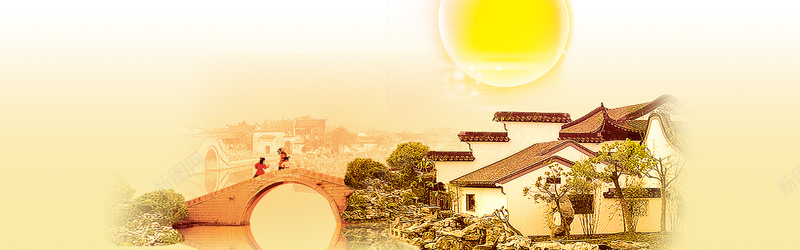 古色房屋背景jpg设计背景_新图网 https://ixintu.com 古风 太阳 房屋 儿童 拱桥 河流 树木 海报banner 中国风