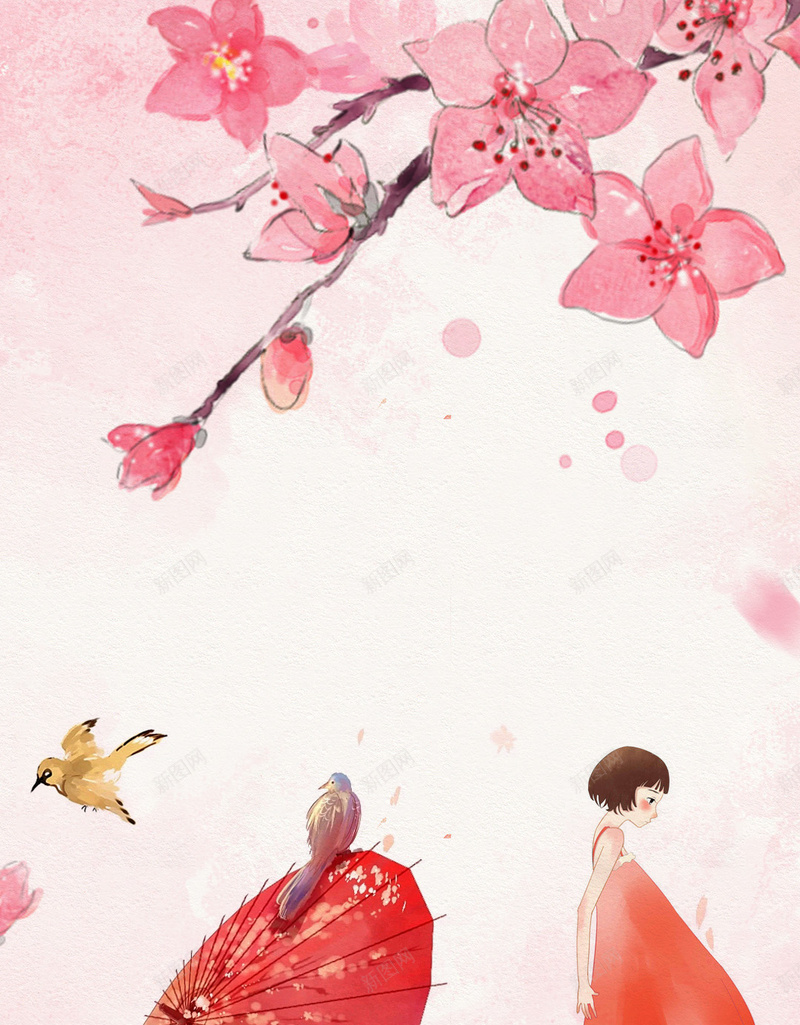 美妆节红色桃花少女H5背景psd设计背景_新图网 https://ixintu.com 美妆节 红色 桃花 少女 伞 花朵 手绘 红色桃花 桃花背景 背景红色