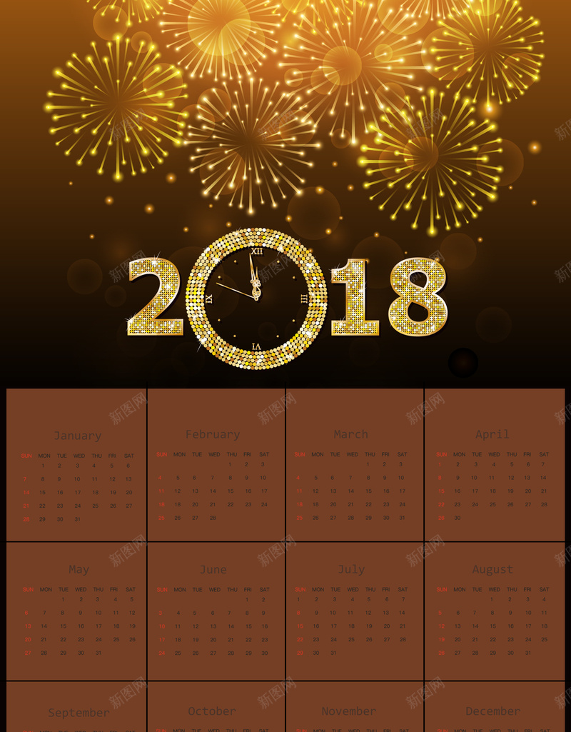 2018年挂历海报背景素材psd设计背景_新图网 https://ixintu.com 2018日历 2018年 台历 挂历 日期 年历 周历 月历 狗年 烟花