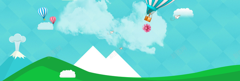 卡通天空海报bannerpsd设计背景_新图网 https://ixintu.com 氢气球 卡通 天空 白云 草地 海报banner 童趣 手绘