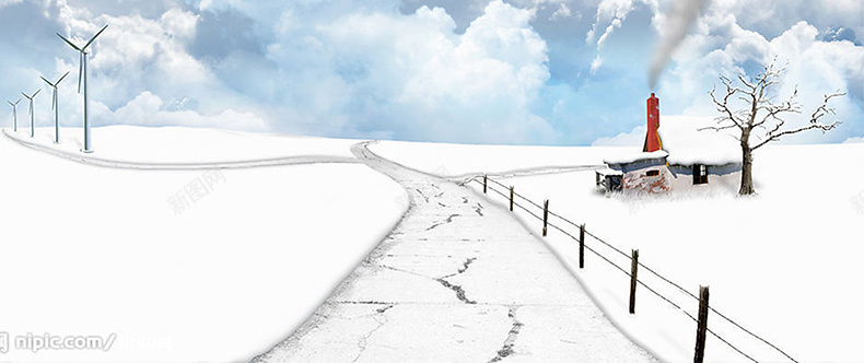 冬季详情背景psd设计背景_新图网 https://ixintu.com 雪景 房子 道路 雪地 详情页海报 大气