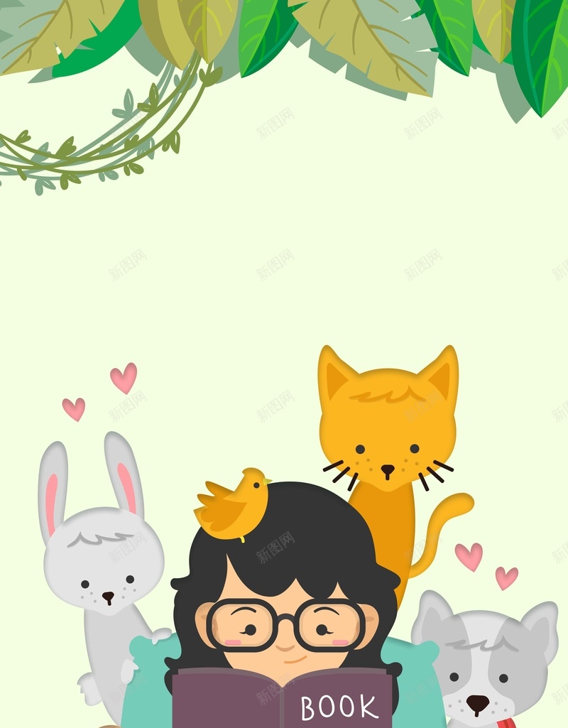 卡通人物动物看书的女孩简约扁平绿色背景psd高清背景_新图网 https://ixintu.com 看书的女孩 人物 动物 卡通 简约 扁平 兔子 绿色背景