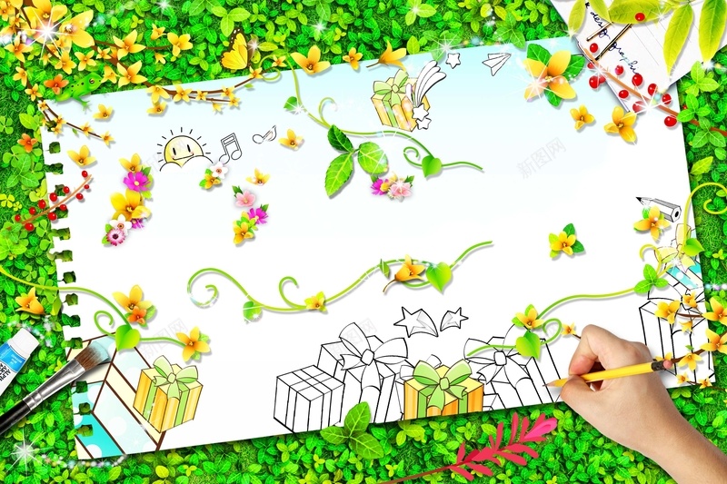 绿色童趣环保背景素材psd设计背景_新图网 https://ixintu.com 环保 童趣 绿色 花朵 草地 画纸 笔 春天 画室招生 招生海报