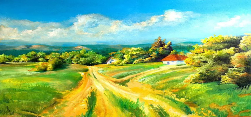 油画风景图jpg设计背景_新图网 https://ixintu.com 油画 蓝天 白云 手绘 小路 树林 树木 小屋 远处的山 海报banner