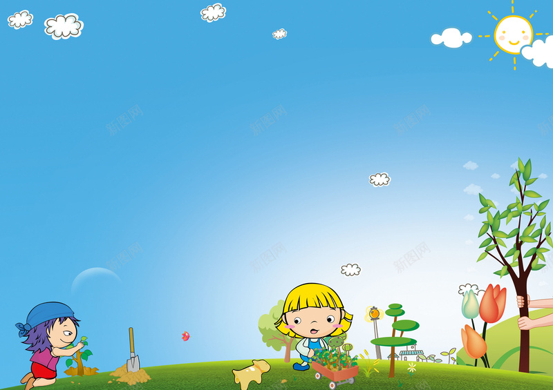卡通儿童爱护植物psd设计背景_新图网 https://ixintu.com 城市绿化 儿童 卡通 植树 种植 低碳 相约春天 爱护植物 平面设计 分层文件 PSD源文件 150PPI