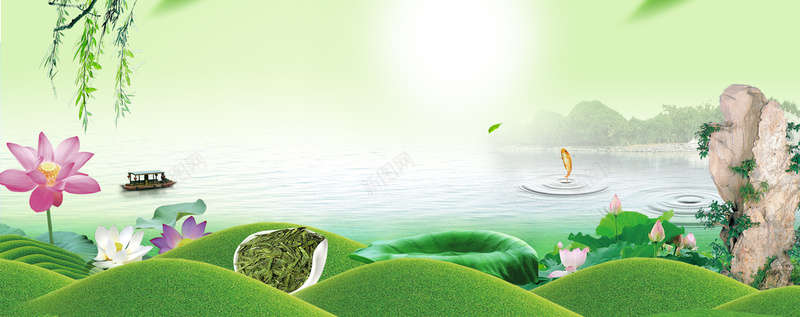 春茶节文艺西湖景色绿色bannerpsd设计背景_新图网 https://ixintu.com 茶叶 绿芽 春茶 新茶上市 春茶上市 早茶 文艺 小清新 春天 素材 广告 设计 背景 柳树 荷花