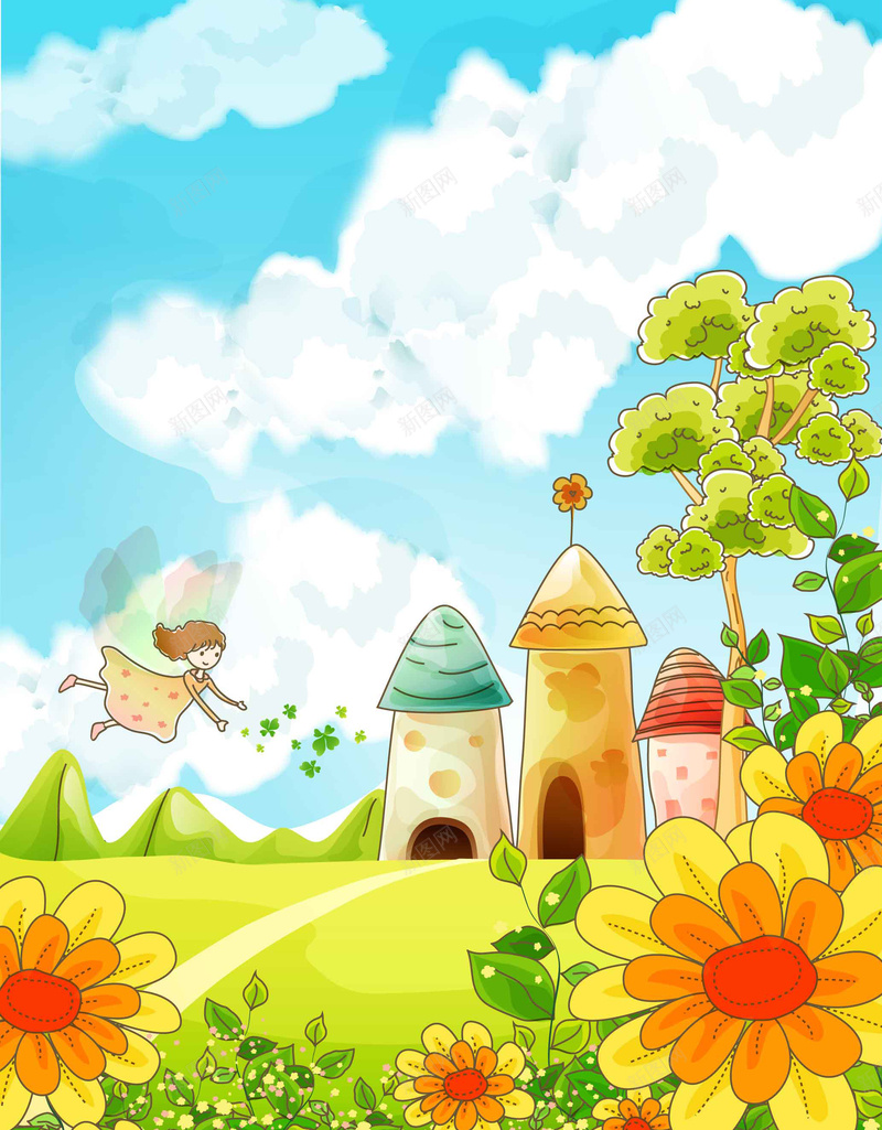 春天蓝天白云下盛开的花朵背景素材jpg设计背景_新图网 https://ixintu.com 风景插画 城堡 大树 春天 白色 花朵 花紋 卡通风景 背景 海报