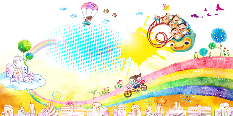 手绘卡通幼儿园海报背景模板psd设计背景_新图网 https://ixintu.com 海报背景模板 幼儿园 卡通 手绘 气球 彩虹 单车 小孩 飞鸟 大树 海报背景 幼儿园海报