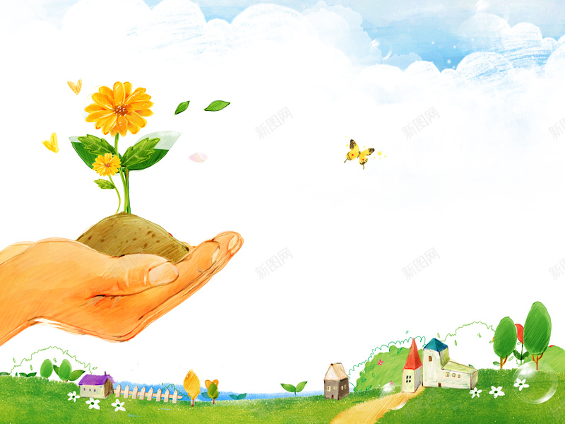 精美手绘背景psd设计背景_新图网 https://ixintu.com 小鸟 手绘 村庄 白云 蓝天 草地 蝴蝶 手掌 鲜花 卡通 童趣