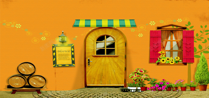 童趣小屋花朵背景jpg设计背景_新图网 https://ixintu.com 小屋 童趣 花朵 酒桶 门 窗户 海报banner 卡通 手绘