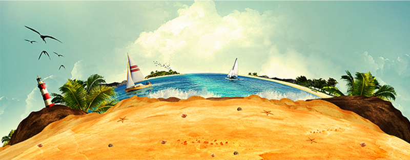 地中海风情海报旅游jpg设计背景_新图网 https://ixintu.com 展板 椰树 海盗 白云 蓝天 素材 灯塔 船 清爽 开心