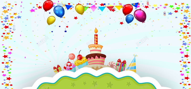 气球卡通五彩生日banner背景psd设计背景_新图网 https://ixintu.com 蛋糕 水果 樱桃 生日 祝福 庆祝 欢乐 蜡烛 生日帽 礼物 彩蛋 背景图 banner 海报