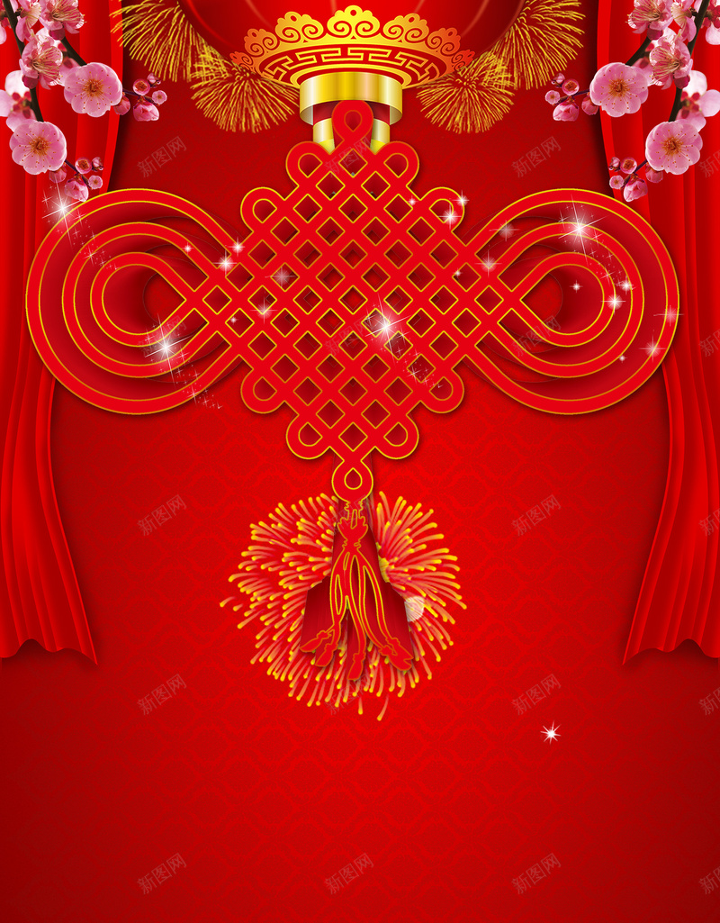 喜庆中国红海报背景psd设计背景_新图网 https://ixintu.com 中国红 中国红海报背景无水印 中国结 中国风 元宝红色 喜庆 梅花 烟花