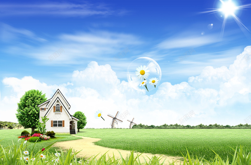 蓝天房子背景素材psd设计背景_新图网 https://ixintu.com 大树 房子 春天 草地 蓝天 阳光 素材 素材背景 蓝天素材 蓝天背景