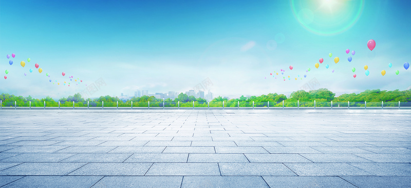 大气淘宝男鞋背景psd设计背景_新图网 https://ixintu.com 大气 淘宝 男鞋 蓝色 砖路 树林 阳光 气球 城市 海报banner