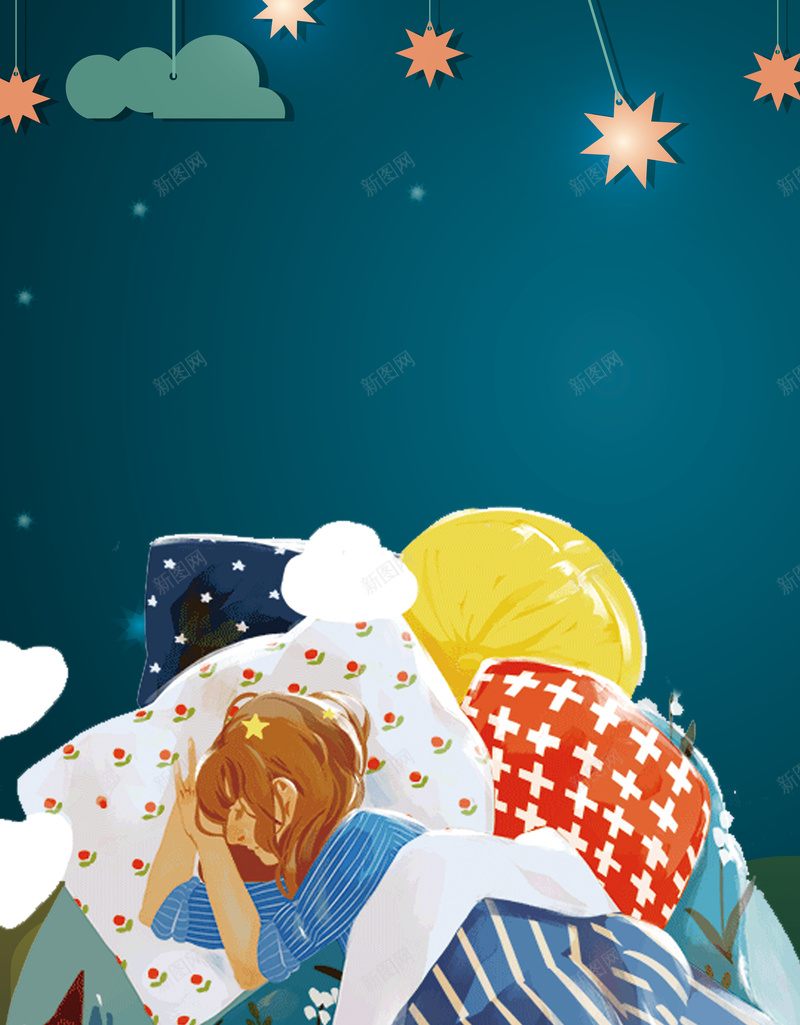 手绘世界睡眠日海报psd设计背景_新图网 https://ixintu.com 世界睡眠日 321 睡眠日 世界 女孩 裤子 枕头 星星 夜晚