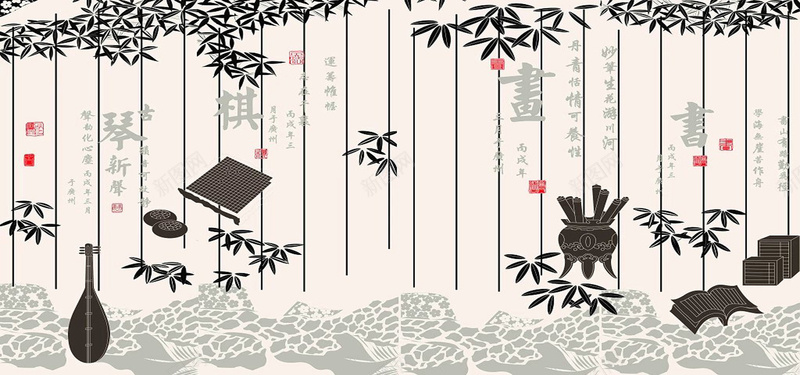 中国风背景jpg设计背景_新图网 https://ixintu.com 中国风 水墨画 水墨竹叶 琵琶 琴 棋 书 画 海报banner