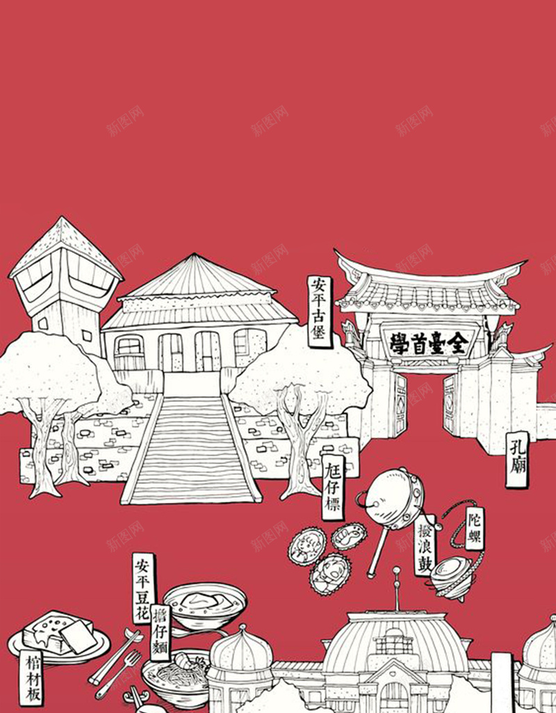 创意手绘成都海报背景jpg设计背景_新图网 https://ixintu.com 展板 广告 成都 旅游 素材 海报 景点 白底 文艺 手绘 童趣 开心