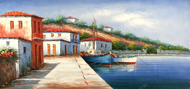 风景油画jpg设计背景_新图网 https://ixintu.com 油画 风景画 手绘画 船只 绿草 天空 河 建筑 房屋 海报banner 卡通 童趣 手绘